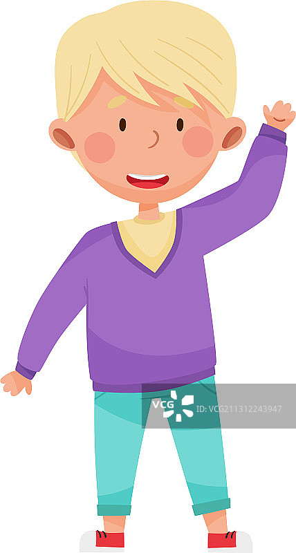 快乐的牛仔裤男孩挥手致意图片素材