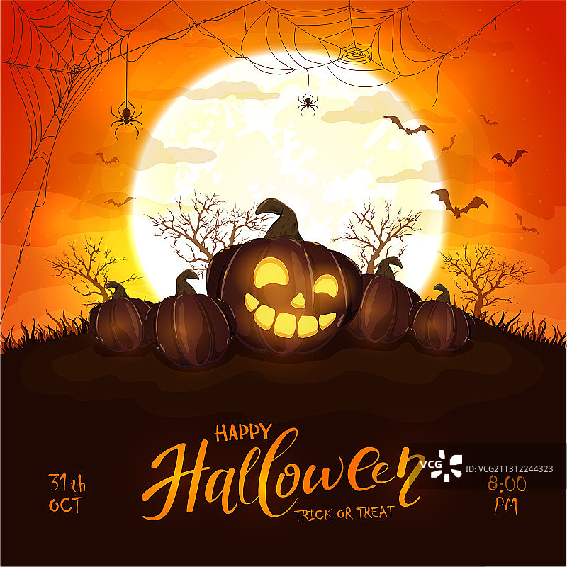 橙色背景上的万圣节南瓜与月亮图片素材