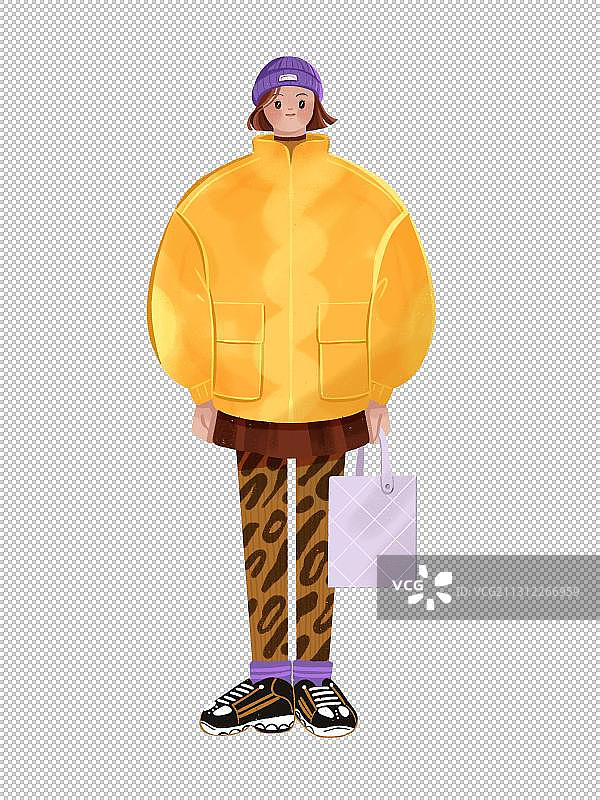 可爱黄色羽绒服戴帽子时尚女孩插画元素图片素材