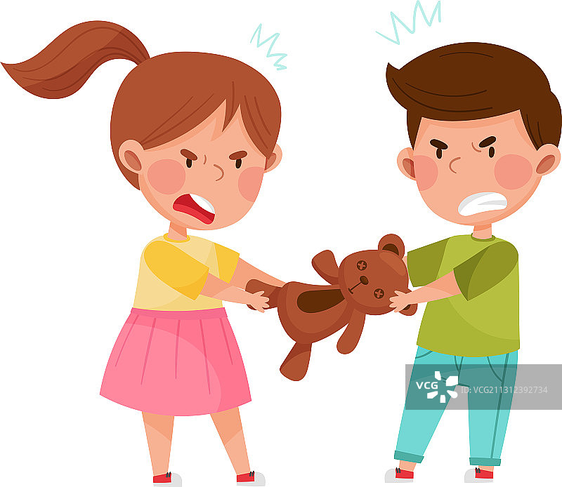 充满愤怒鬼脸的敌对儿童为玩具而战图片素材