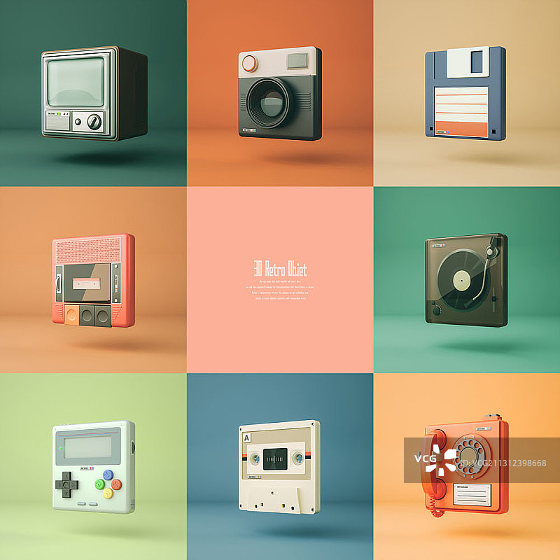 3D复古风格数字对象，多色背景图片素材