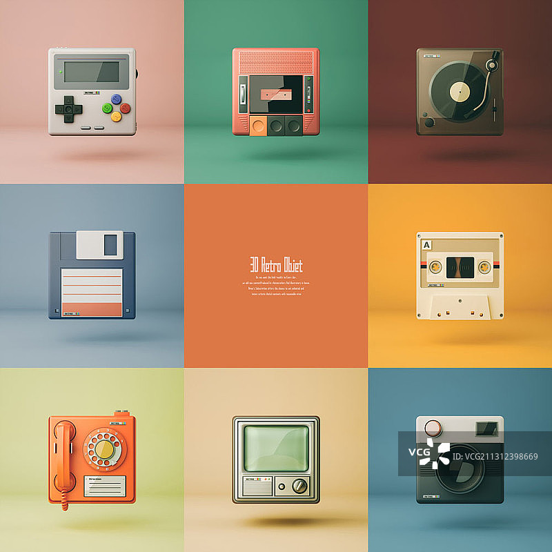 3D复古风格数字对象，多色背景图片素材