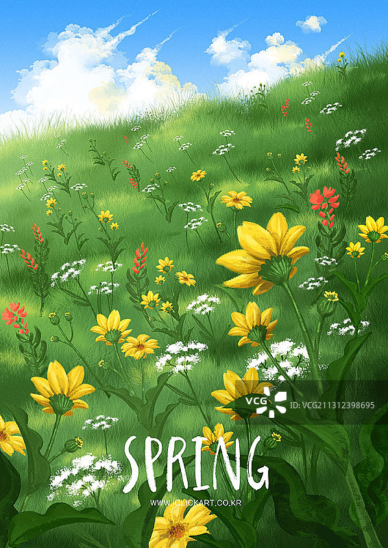 山丘鲜花与多云天空春季主题插画图片素材