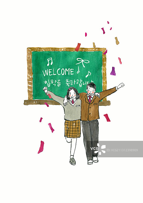 小学生与黑板欢迎信息插画图片素材