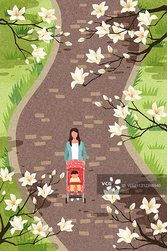 公园里推着婴儿车，走在玉兰花丛中的女人插画图片素材