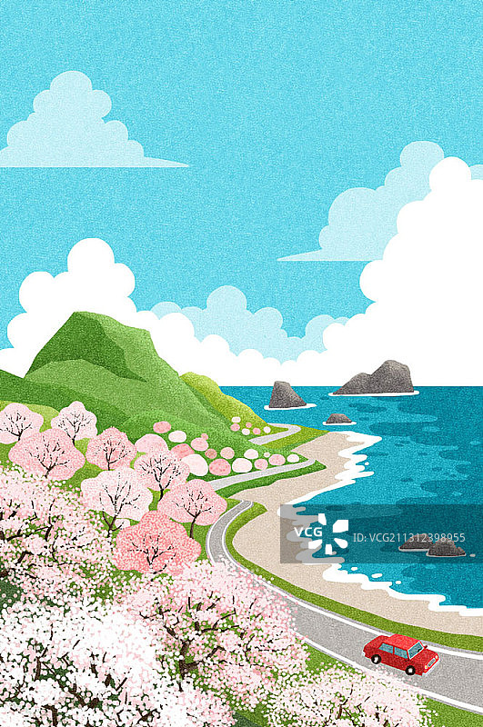 沿樱花树海岸公路行驶的汽车插画图片素材