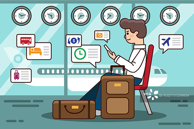 商务旅行中在机场看手机的男子矢量插画图片素材