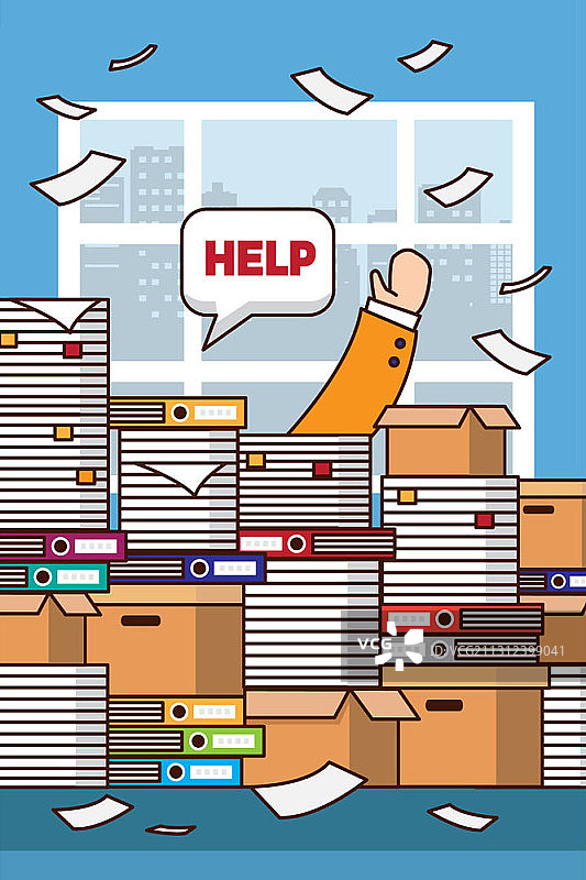 人手请求加班帮助和成堆文件矢量插图图片素材