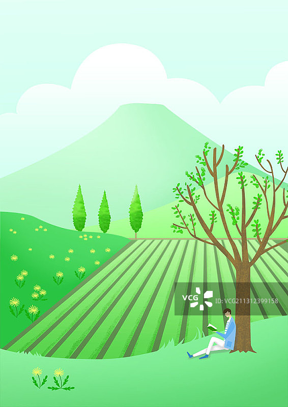 男人坐在树旁在田野旁读书插画图片素材
