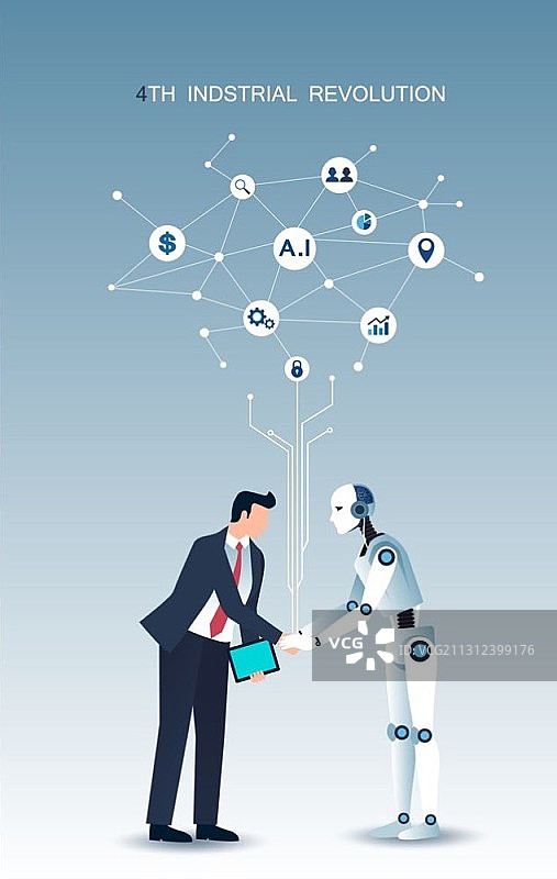 机器人与人握手的第四次工业革命矢量插图图片素材