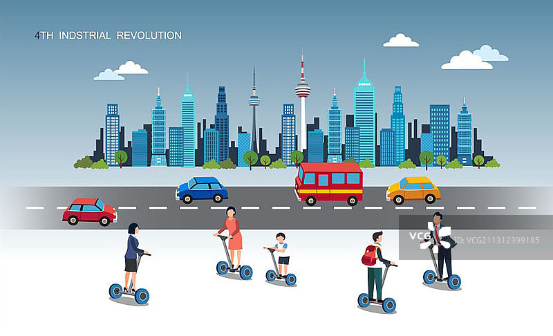 使用电动轮的城市景观和人群的第四次工业革命矢量插画图片素材