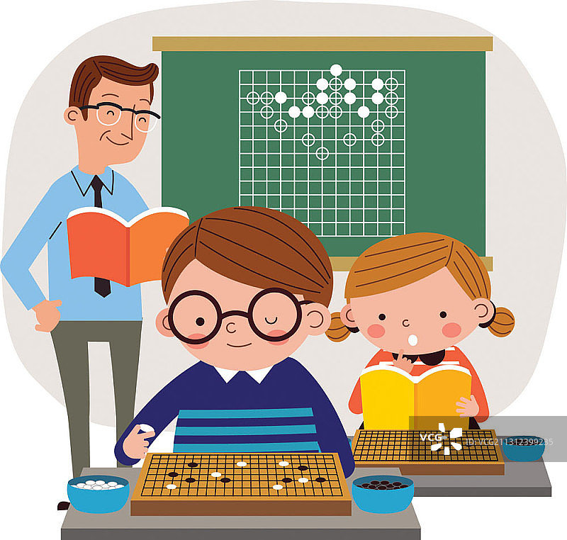 老师和孩子们在课堂上下围棋的矢量插画图片素材