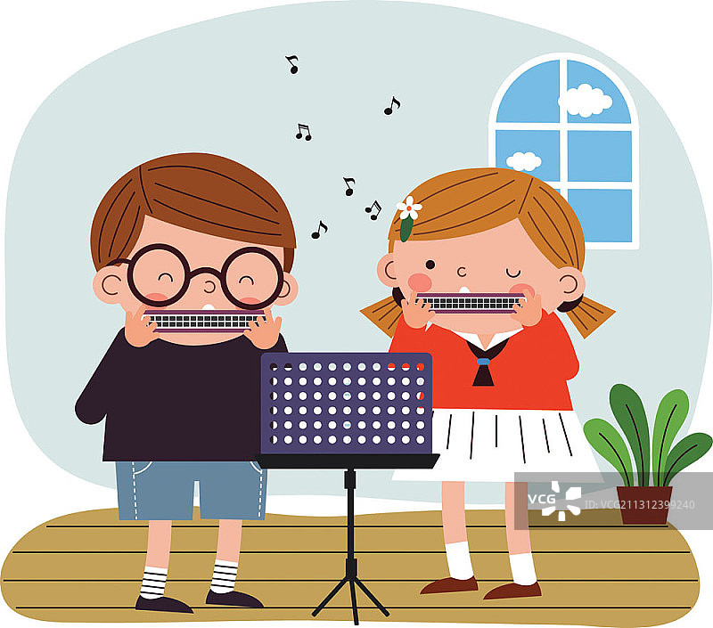课堂上吹口琴的男孩和女孩矢量图图片素材