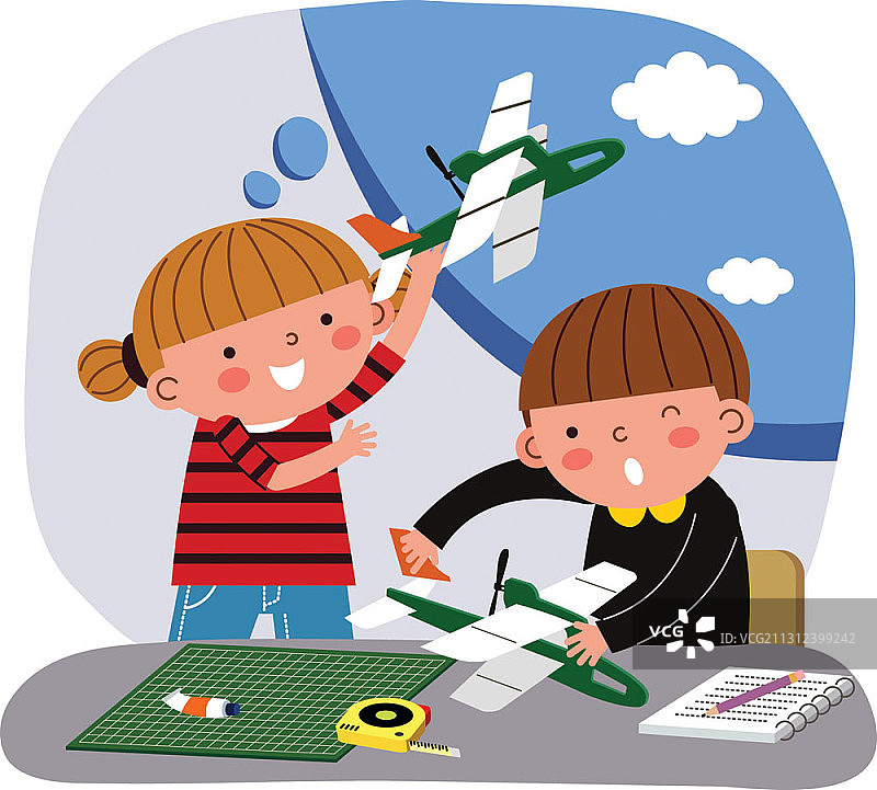 课堂上制作飞机模型的男孩和女孩矢量插画图片素材