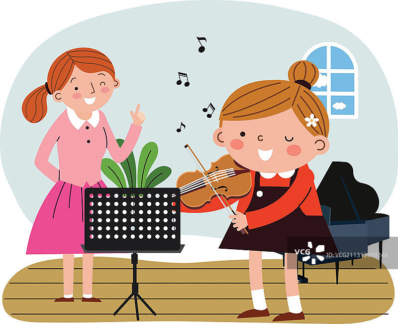 老师和女孩在音乐课上演奏小提琴矢量图图片素材