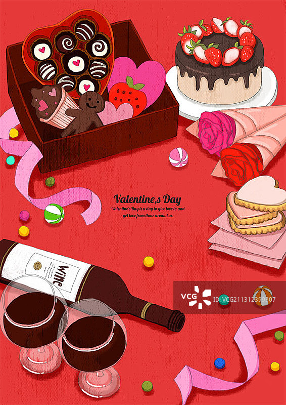 情人节糖果、玫瑰和葡萄酒插画图片素材