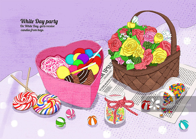 白色情人节心形糖果鲜花插画图片素材