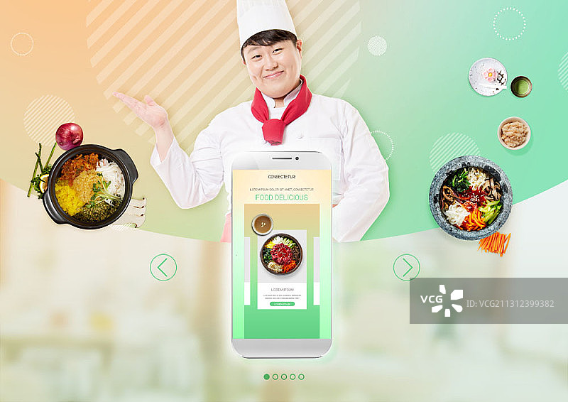 厨师和韩国美食前方的智能手机图像图片素材