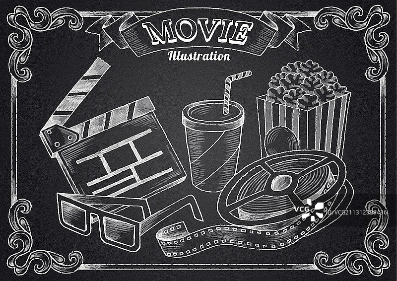 黑板上带框电影的粉笔插图图片素材