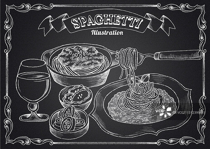 黑板上的粉笔意大利面插图与框架图片素材