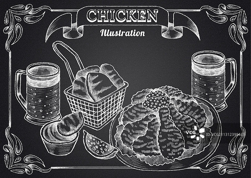 黑板上粉笔绘制的啤酒鸡插画图片素材