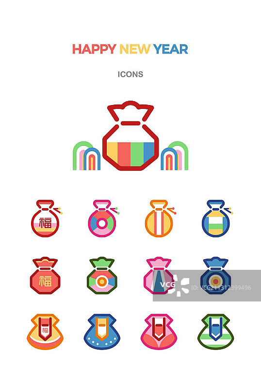 新年主题矢量图标集（含传统吉祥图案福袋）图片素材