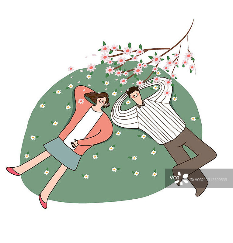 情侣在草地上鲜花树下休息矢量插画图片素材