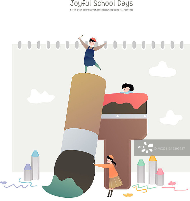儿童和画笔校园主题矢量插画图片素材