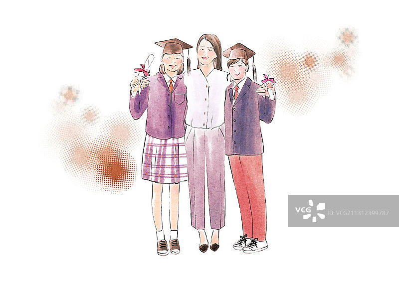 教师与高中毕业学生肩并肩站立插画图片素材