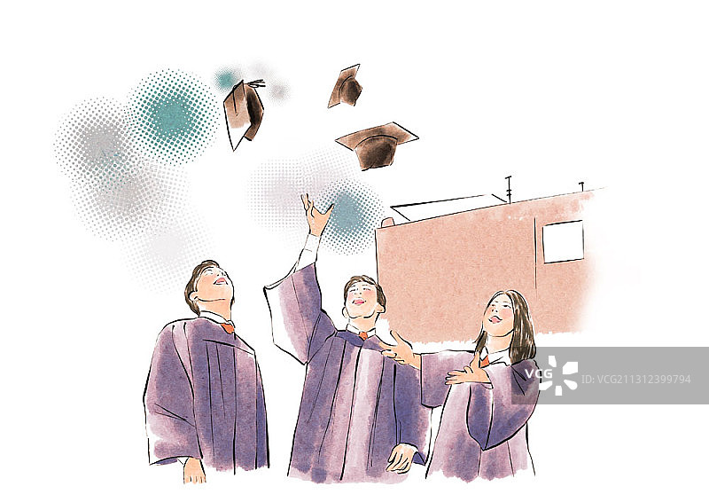三名身穿毕业服的学生抛掷学士帽插画图片素材