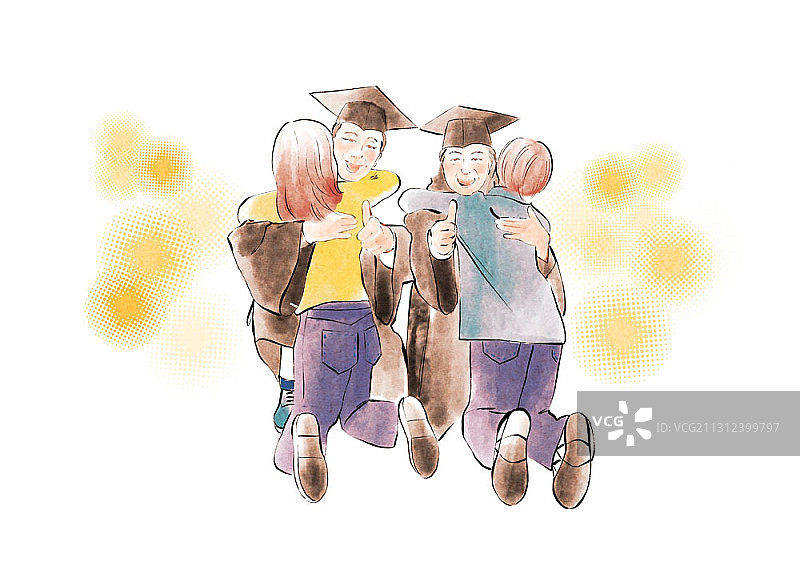 中年夫妇身穿毕业服装拥抱孩子的插图图片素材