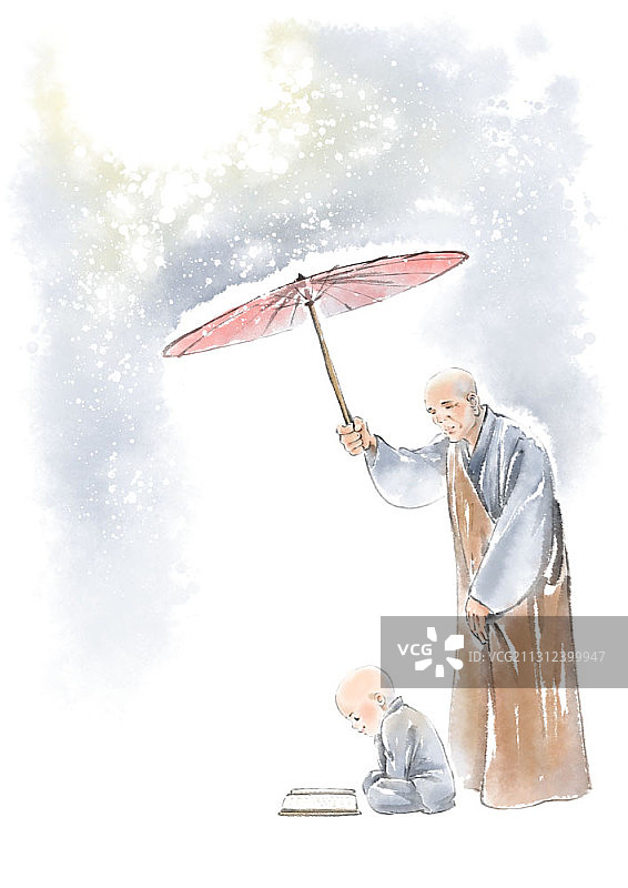 水墨画：老僧为小僧读书撑伞图片素材