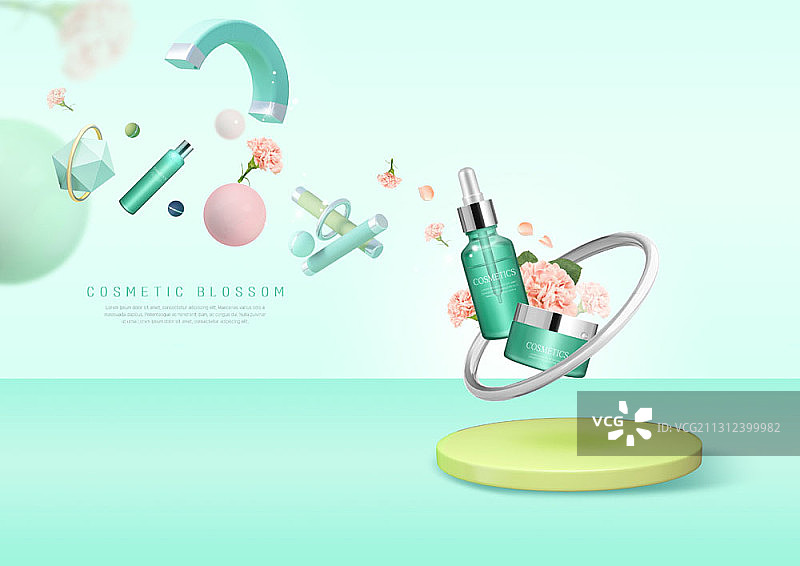 绿色背景上带有鲜花的护肤品和礼品盒图像图片素材