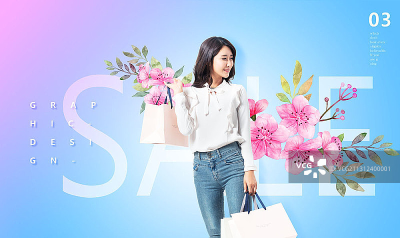 春季促销概念编辑图：女人在蓝色背景上拿着购物袋图片素材
