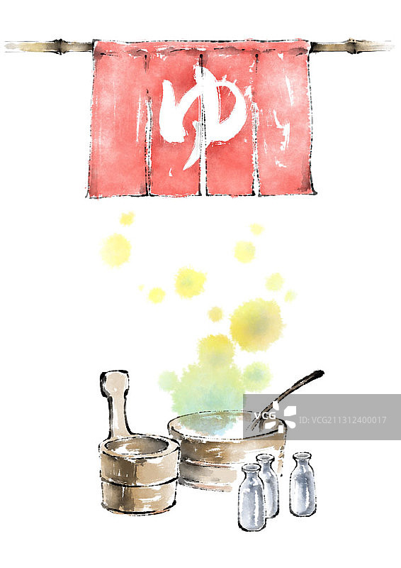 水墨画：温泉边的水瓶与葫芦瓢图片素材