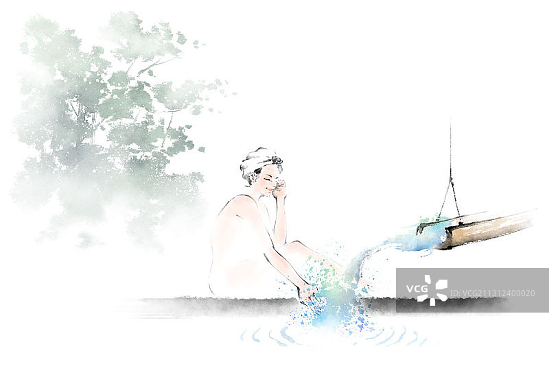 水墨画：泡温泉的女子图片素材