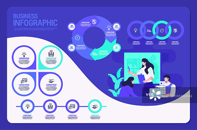 以三个工人为主题的矢量信息图，在蓝色背景上进行会议图片素材