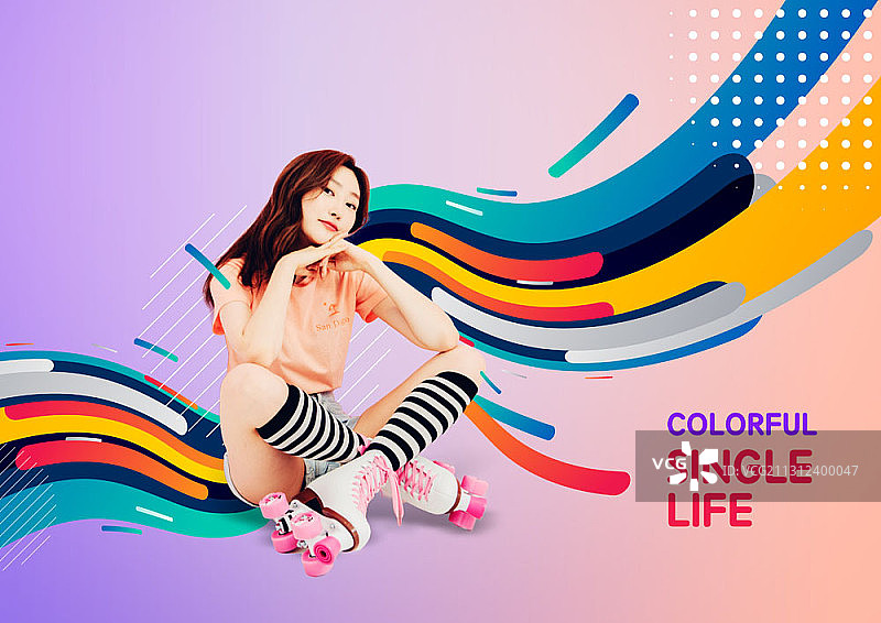 单身生活概念图：女子坐在彩色波浪背景前图片素材