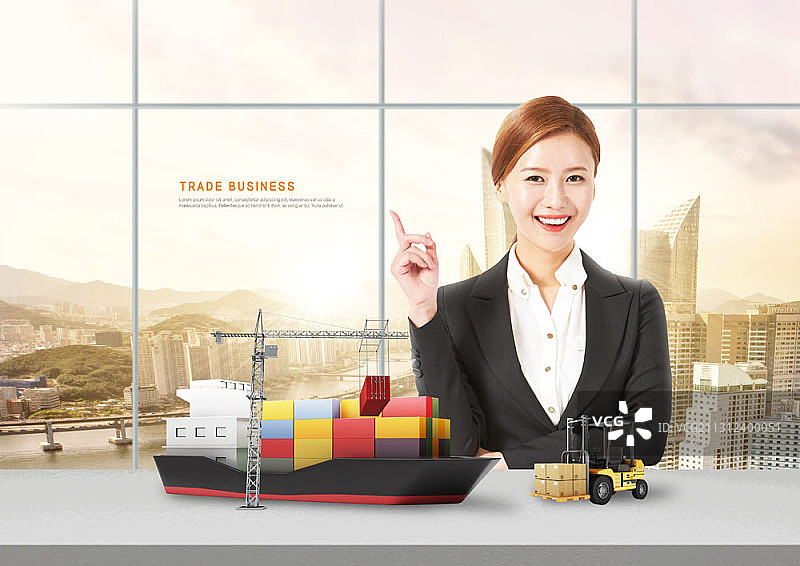 女商人和货船集装箱的贸易业务图像图片素材