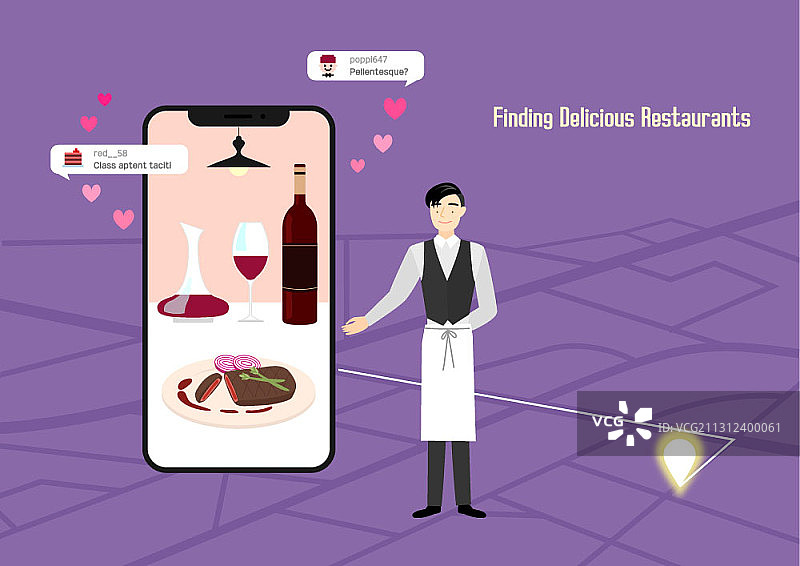 用智能手机和侍者寻找美味餐厅的矢量插画图片素材