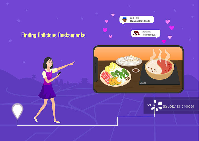 女子用智能手机查找美味涮涮锅餐厅矢量插画图片素材