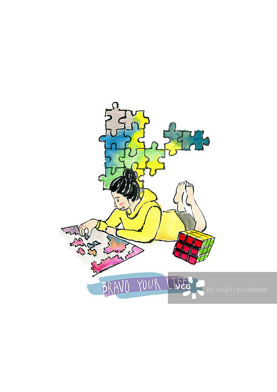 玩拼图的女人插画图片素材