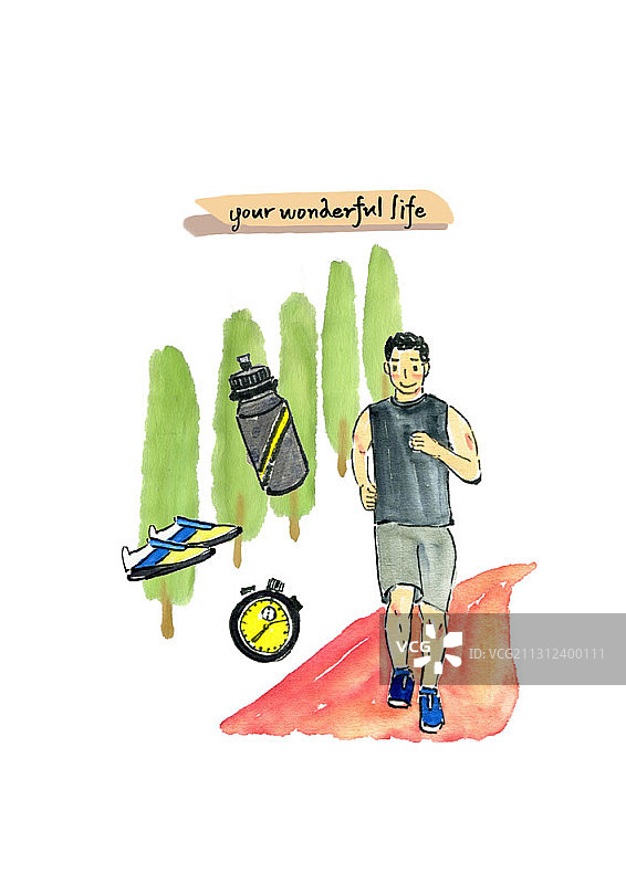 男人带着水壶、跑鞋和秒表在户外跑步的插图图片素材