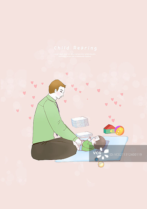 育儿主题插画：男子躺在羽绒被上为婴儿换尿布图片素材