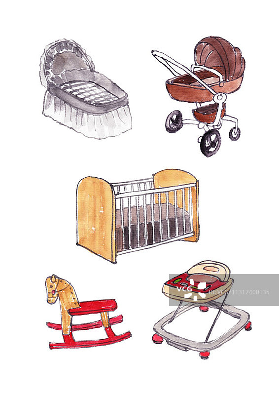 婴儿学步车、婴儿车和摇马插画图片素材