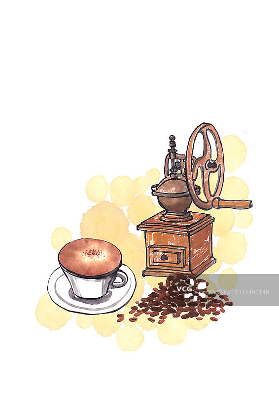 咖啡研磨机、咖啡豆和咖啡杯插画图片素材