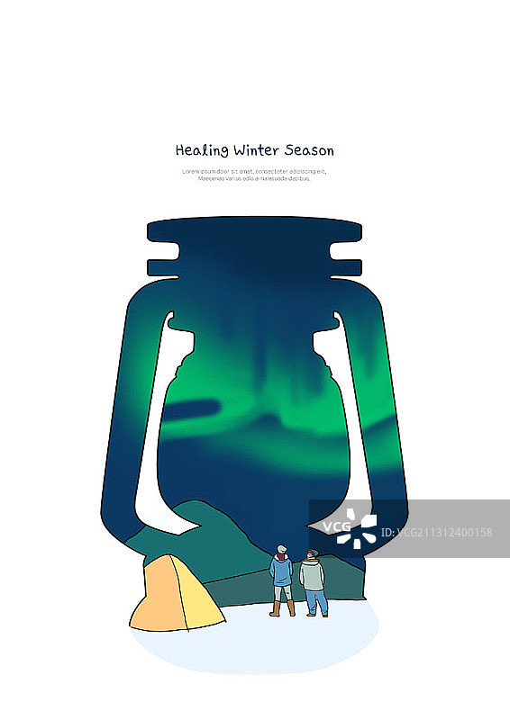 两人在冬季灯罩框架中看北极光插画图片素材