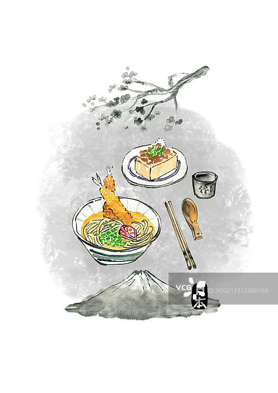 富士山背景上的日本料理水墨画图片素材