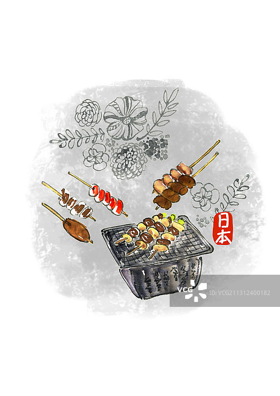 日式烤串食物的水墨画图片素材