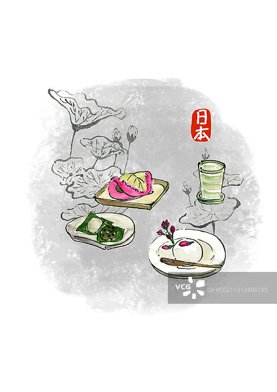 日式点心（含麻糬）水墨画图片素材